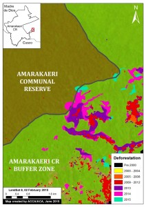 An enhanced view of the deforestation within the southeast section of Amarakaeri Communal Reserve and its surrounding buffer zone. Key data sources: MINAM, SERNANP, ACCA, Hansen/UMD/Google/USGS/NASA, USGS.