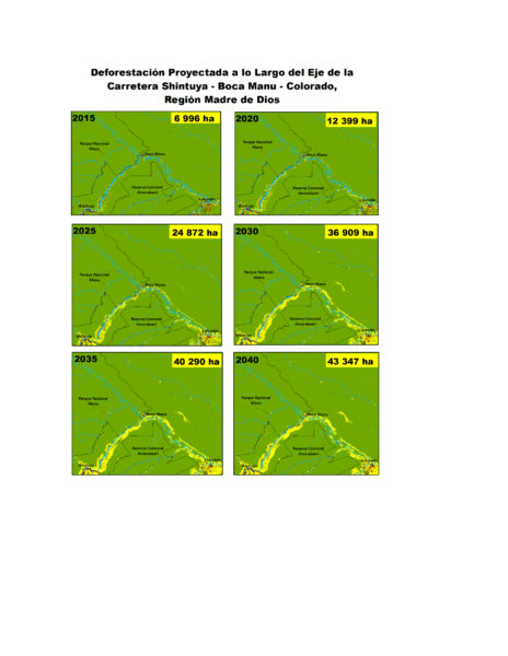 Projected deforestation along the Shintuya-Boca-Manu-Colorado road. Courtesy of Nature Services Peru.