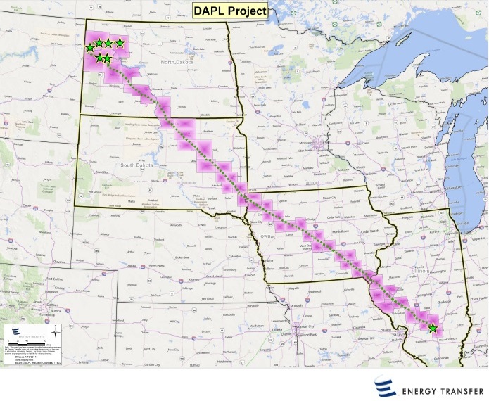 A map shows the intended route of the Dakota Access pipeline from the Bakken shale oil fields of North Dakota to Illinois. Map courtesy of Dakota Access LLC via Wikimedia Commons